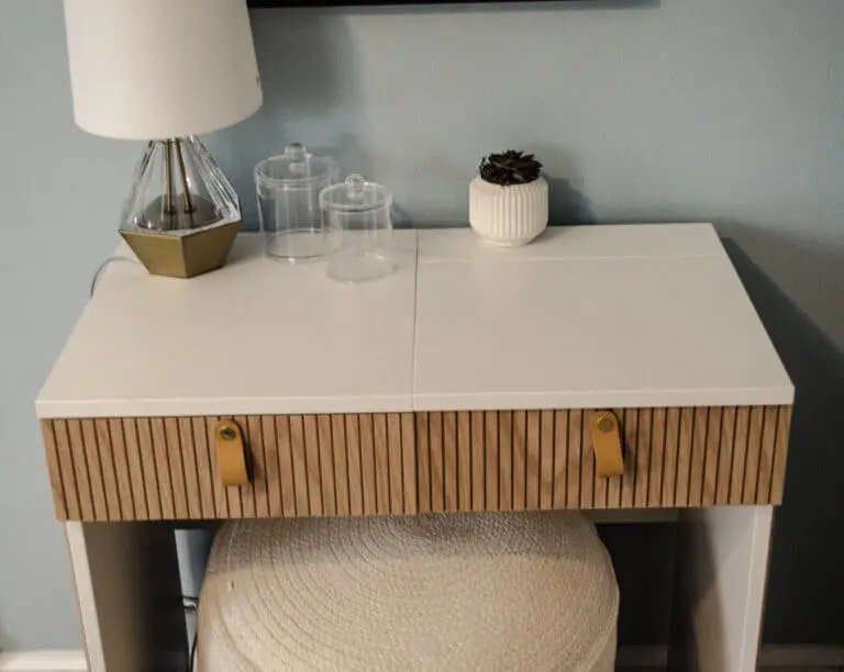 IKEA Brimnes vanity table revamped with a Scandi-style fluted design.