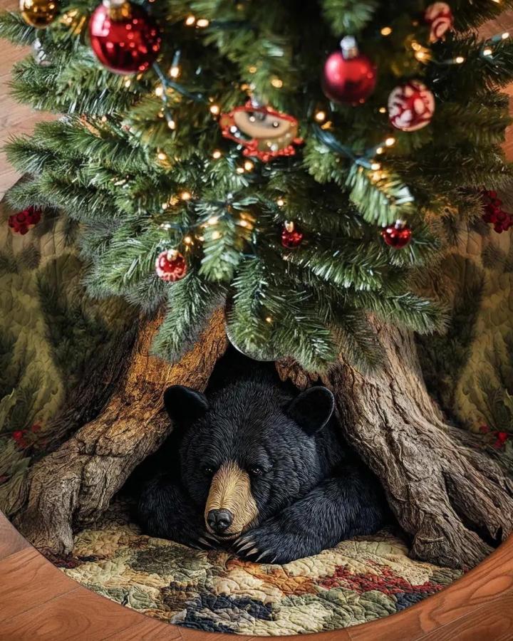 Rustic woodland tree skirt from AoDaiPhuongDinh featuring black bear and textured bark design