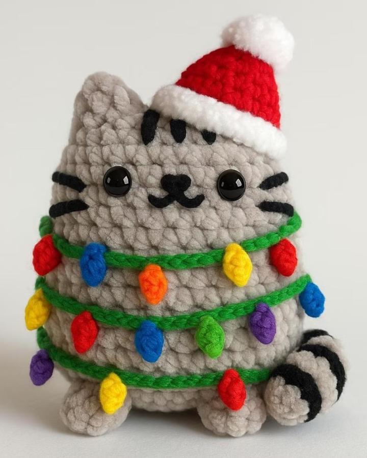 Chunky gray tabby cat amigurumi from @lila.crochettt wrapped in colorful Christmas light garland with Santa hat.