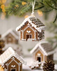 Miniature gingerbread house ornaments from @nm_meiyee hanging with white icing details and snowy pine backdrop.