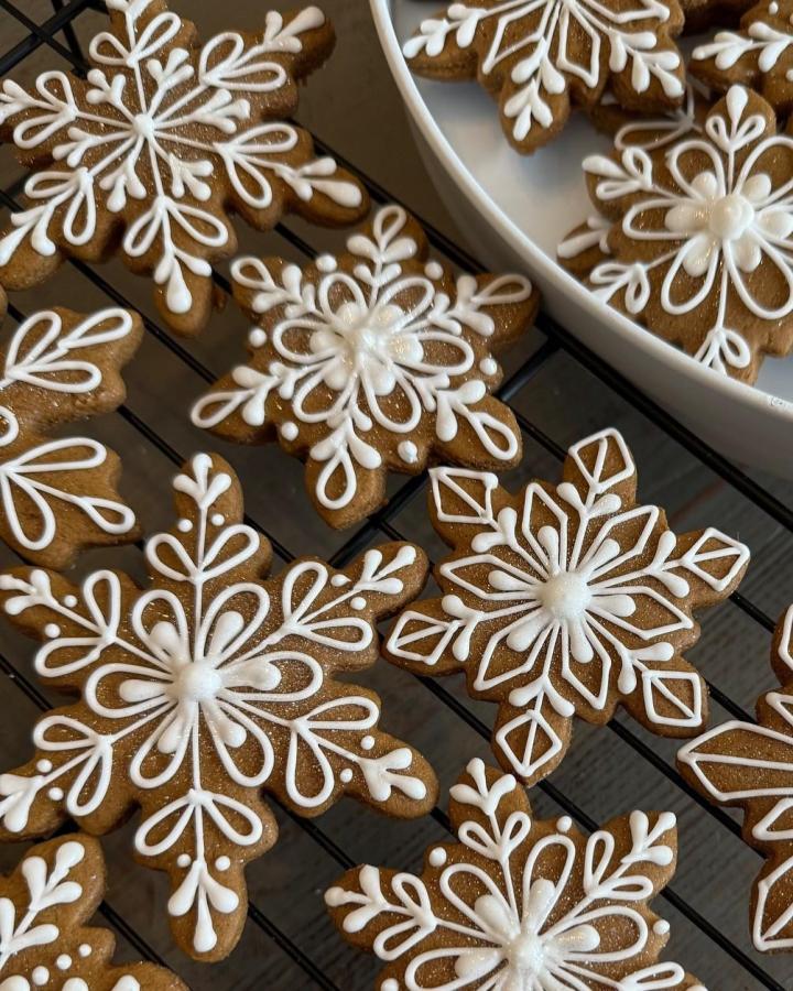 Ornate white-piped snowflake cookies from @sarmiesistersweets arranged on cooling rack and plate with varied intricate designs