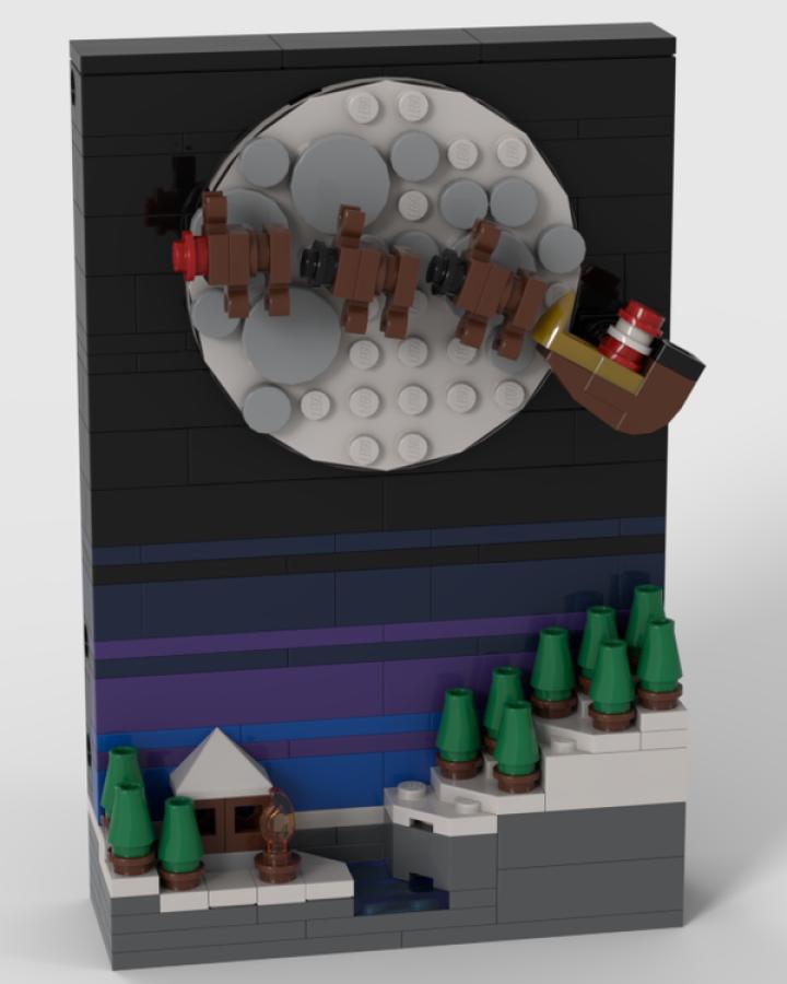 Dimensional shadow box scene from Rebrickable showing Santa's sleigh flying over a miniature winter village.