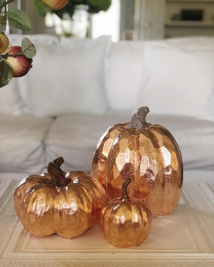 Copper-painted decorative pumpkins from @my100yearoldhome grouped on a cream tray with botanical accents.