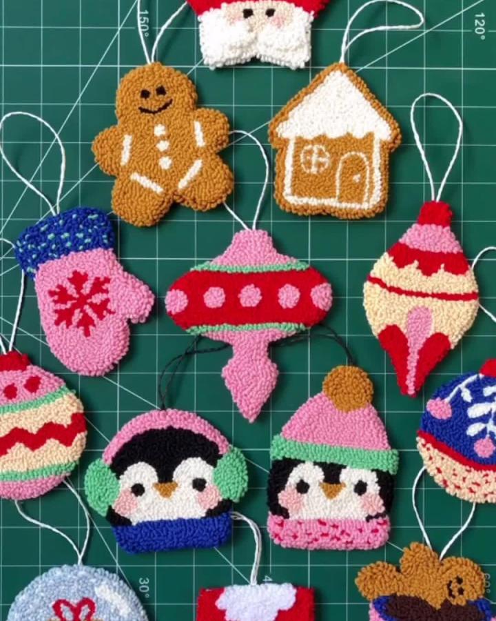 Colorful textured ornament collection from @real_ta_daan featuring gingerbread, penguins, mittens, and baubles on green cutting mat.