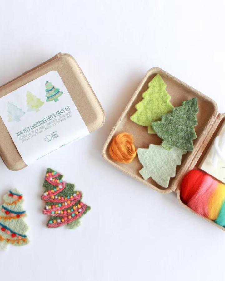 Lime green felt christmas tree kit from sheepcreekstudio, perfect for family christmas craft night ideas with rainbow embroidery floss.