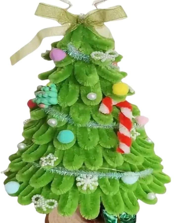 Green chenille stem craft tree from ArtbyKarenFaith decorated with pom-poms and candy cane ornament