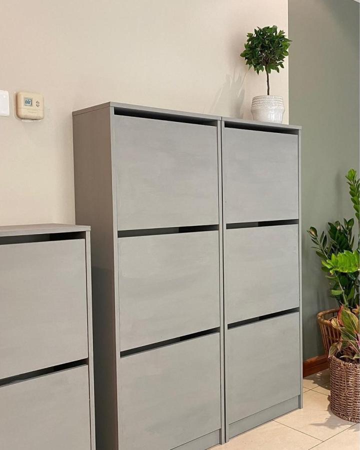 Matte gray Ikea Bissa storage units with cutout handles from @es_homedesign styled with green plants ikea bissa hacks & ideas.