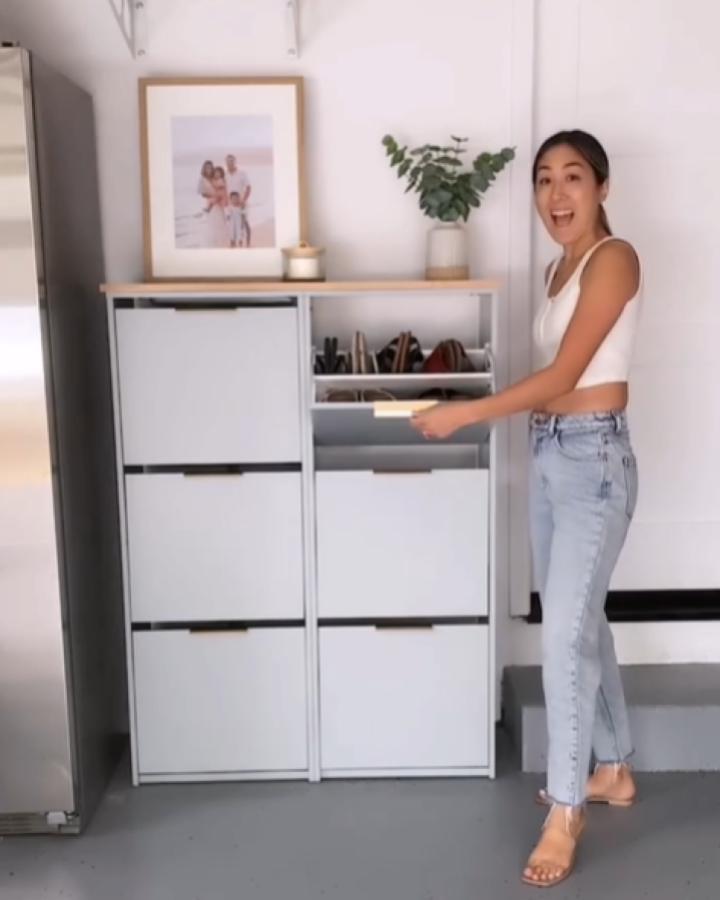 White shoe organizer drawers with wooden top and compartments from @horst.diy displaying ikea bissa hacks & ideas for stylish home storage.