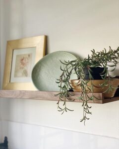 Natural wood ledge display from @alltagsschaetze. Trailing succulent with sage plate and framed art.