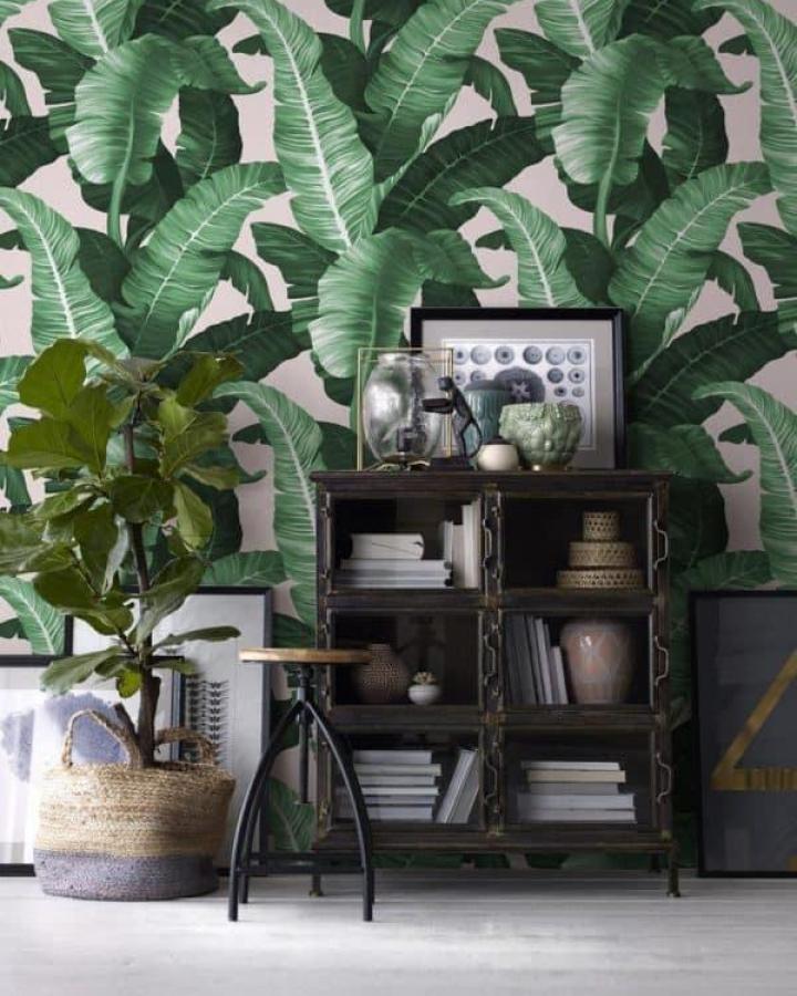 Green banana leaf peel & stick wallpaper ideas with blush background in living room featuring rustic cabinet and potted plant from Amsterdam Element on Etsy. Tropical indoor vibe.