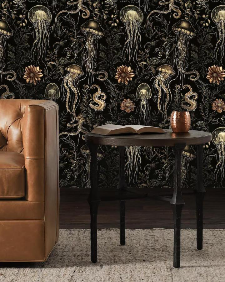 Dark black and gold sea creature wallpaper in living room setting from AllWallpaper with peel & stick wallpaper ideas.
