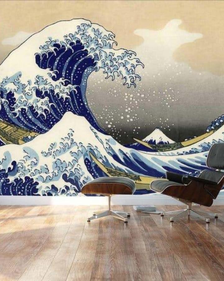 Blue and white Japanese wave peel & stick wallpaper ideas on living room wall with wood floor and modern chair