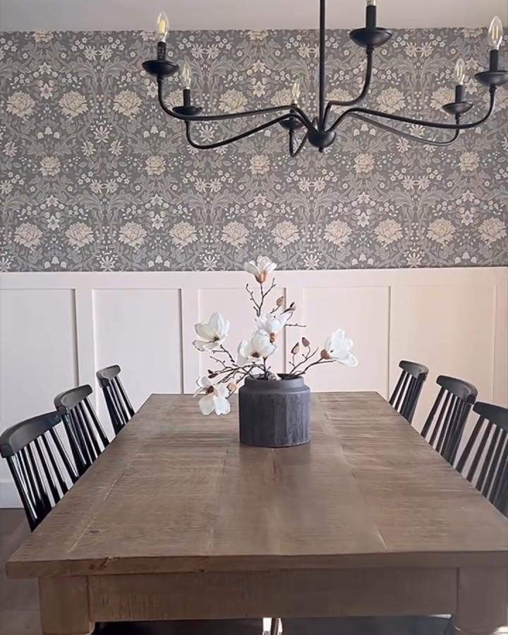 Gray floral peel & stick wallpaper ideas in dining room with wainscoting from @blessed_ranch soft vintage style and neutral tones