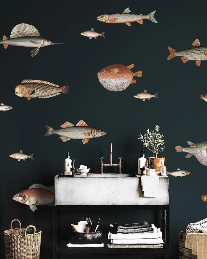 Dark ocean-themed peel & stick wallpaper ideas featuring vintage fish illustrations in a bathroom with concrete sink and woven basket from OneTrickPonyDesign.