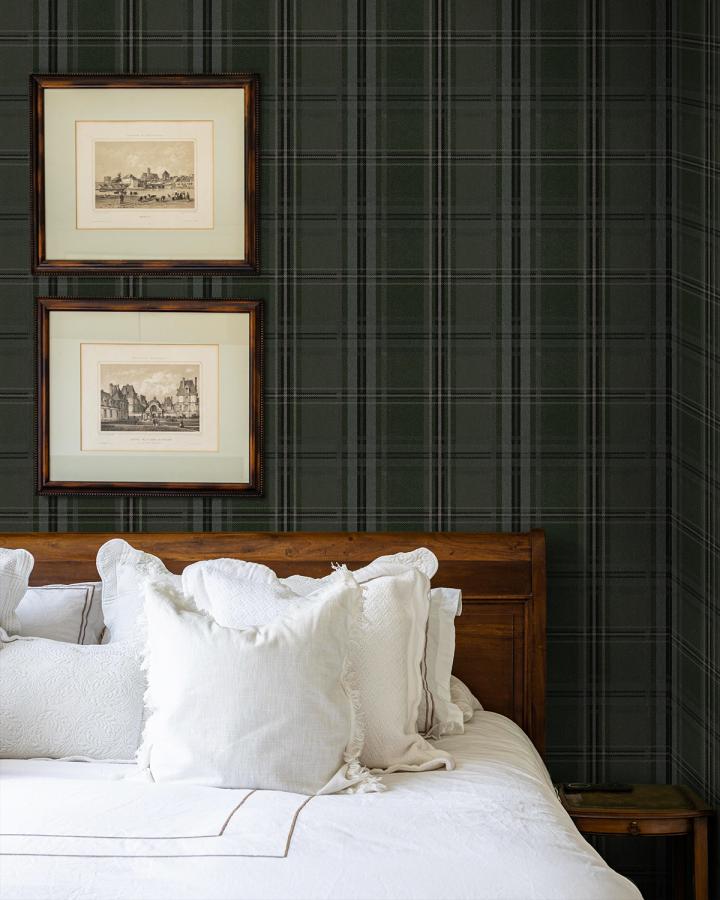 Dark green plaid wallpaper in bedroom from @nextwallwallpaper with rustic wooden bed and white bedding peel & stick wallpaper ideas