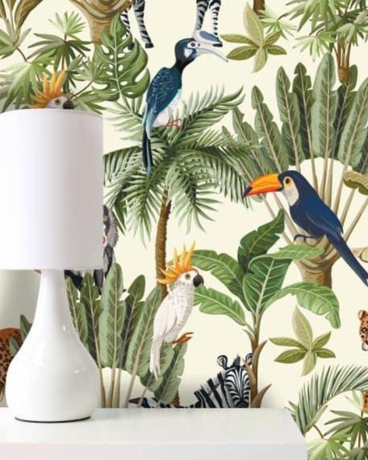 Tropical green and cream peel & stick wallpaper ideas with exotic birds and leaves from BonnieBoldWallpaper on Etsy. Colorful jungle theme.