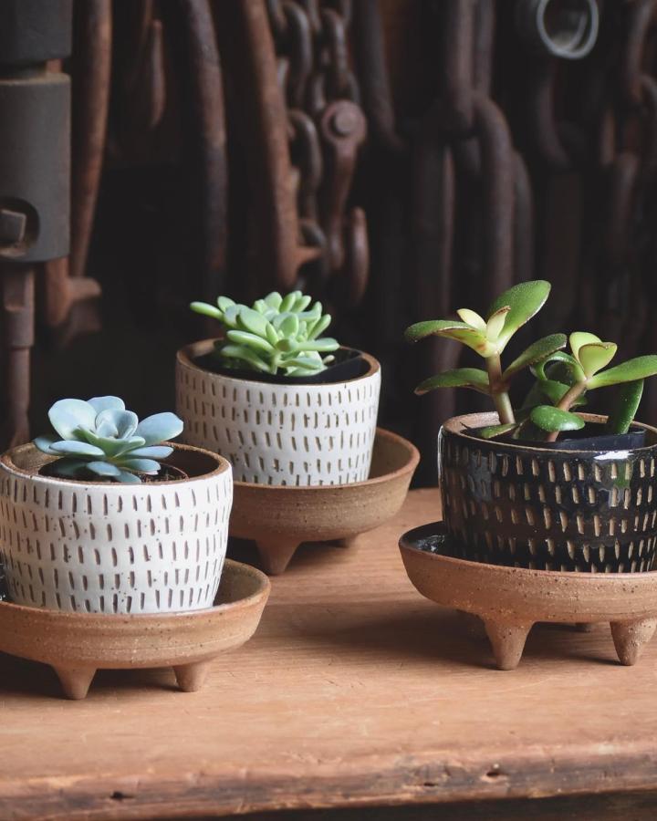 Handcrafted textured ceramic pots with terracotta saucers from @goodart_forgood featuring succulent planter ideas on a wooden surface.