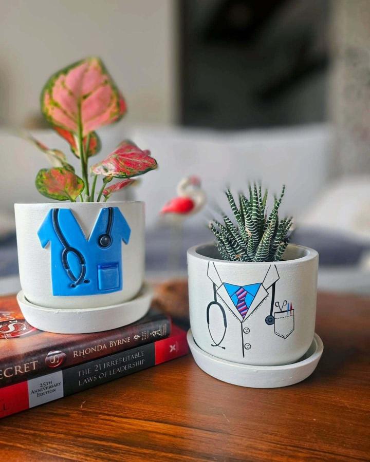 Bright white ceramic succulent planter ideas from @craftdelights.in with playful medical-themed painted decorations and varied succulents.