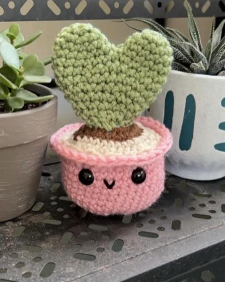 Green heart-shaped crochet succulent pot with pink base and cute face from @happy_hookscrochetco crochet valentines ideas.