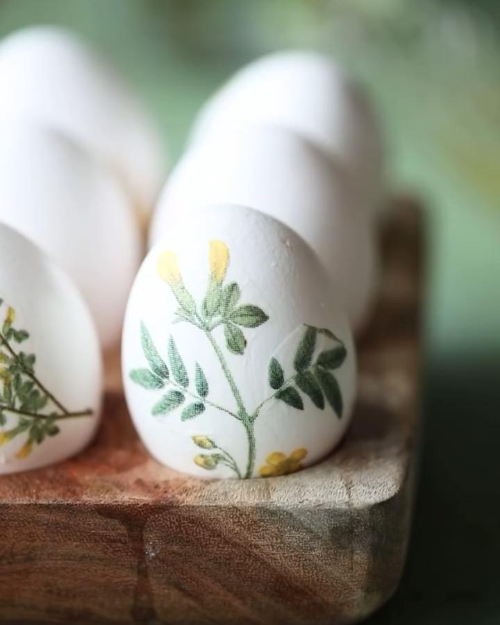 white eggs with green floral napkin decoupage easter egg craft ideas for adults from @ottiliaorenius on wooden tray elegant nature designs