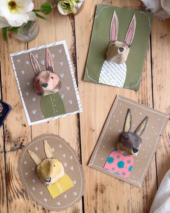 3D paper Easter bunny portraits with pastel and kraft textures from @my_plastic_free_home crafted for easter paper crafts for adults
