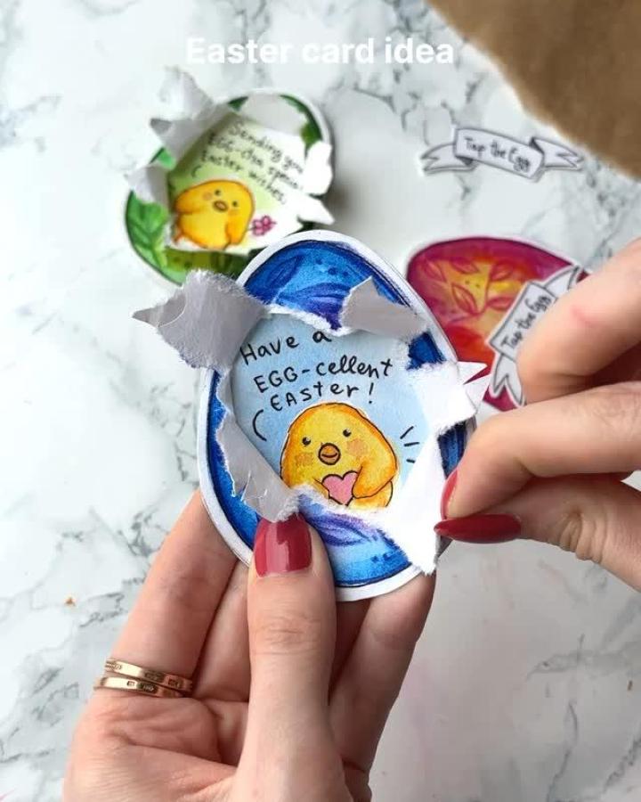 Bright colorful peeling egg paper card from @ek_graphic_ with cute chick drawing for easter paper crafts for adults.