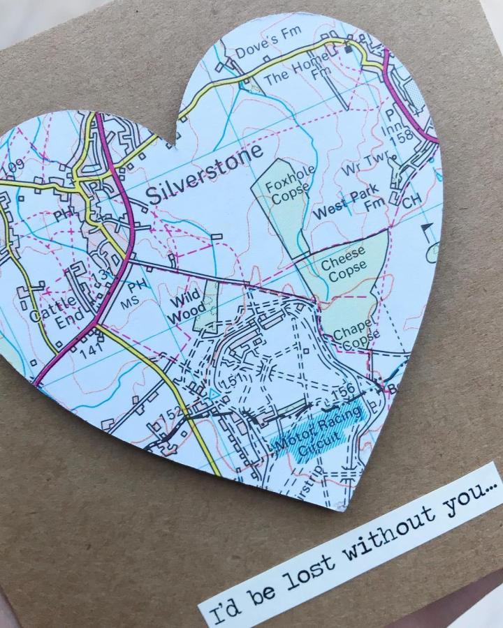 Blue and green map heart on brown cardstock with typed message from @maps__and_me handmade valentines card ideas unique location detail