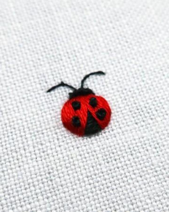 Bright red and black embroidered ladybug on white fabric from @needlenthreadmc showing ladybug crafts for adults with detailed tiny stitching.