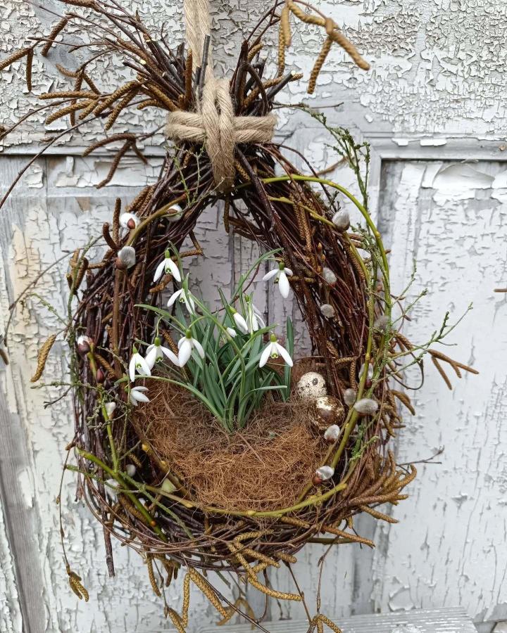 brown twig wreath with snowdrop flowers and speckled eggs from @jitkahrubesova spring wreath ideas with natural nest and rustic hemp twine hanging on peeling white door