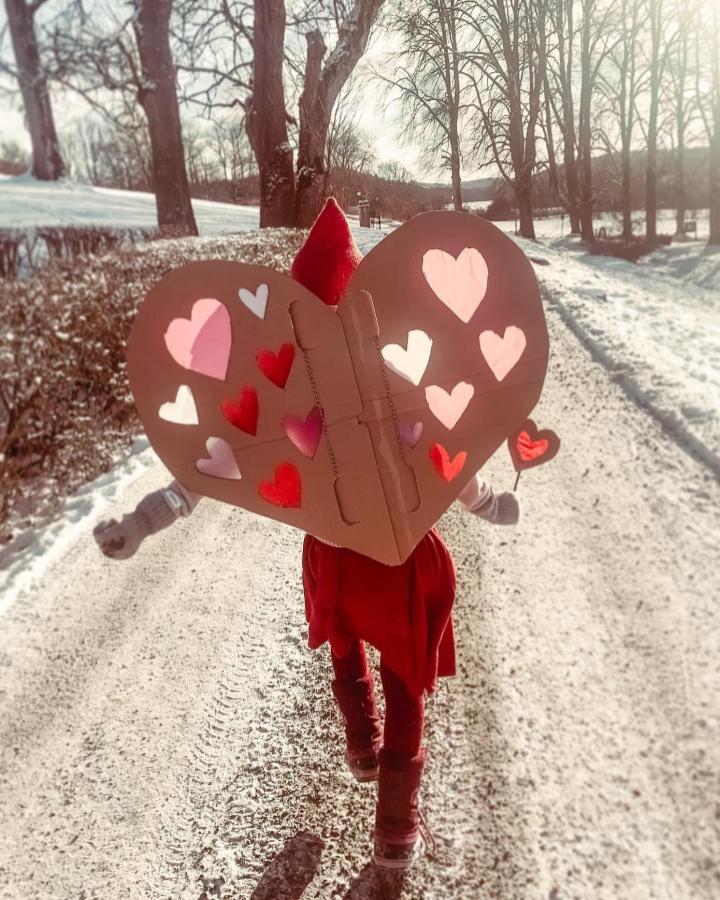 Brown cardboard heart wings decorated with pink and red paper hearts worn by child outdoors in winter from @birgittasif.