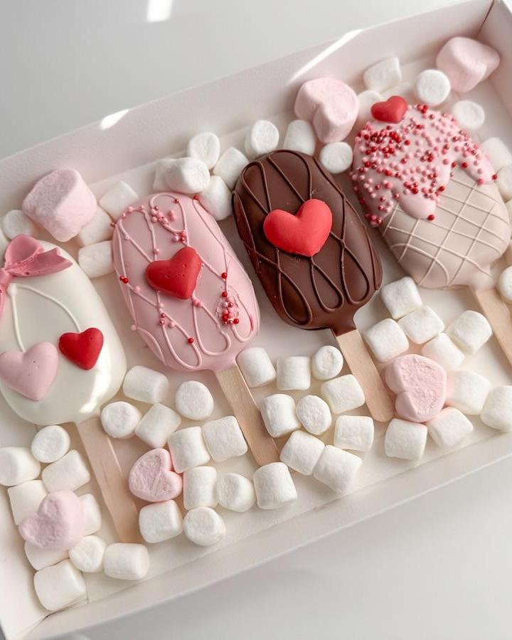 pink and brown chocolate pops with heart decorations and marshmallows from @ellahh.dips valentines treat ideas on sticks in a box