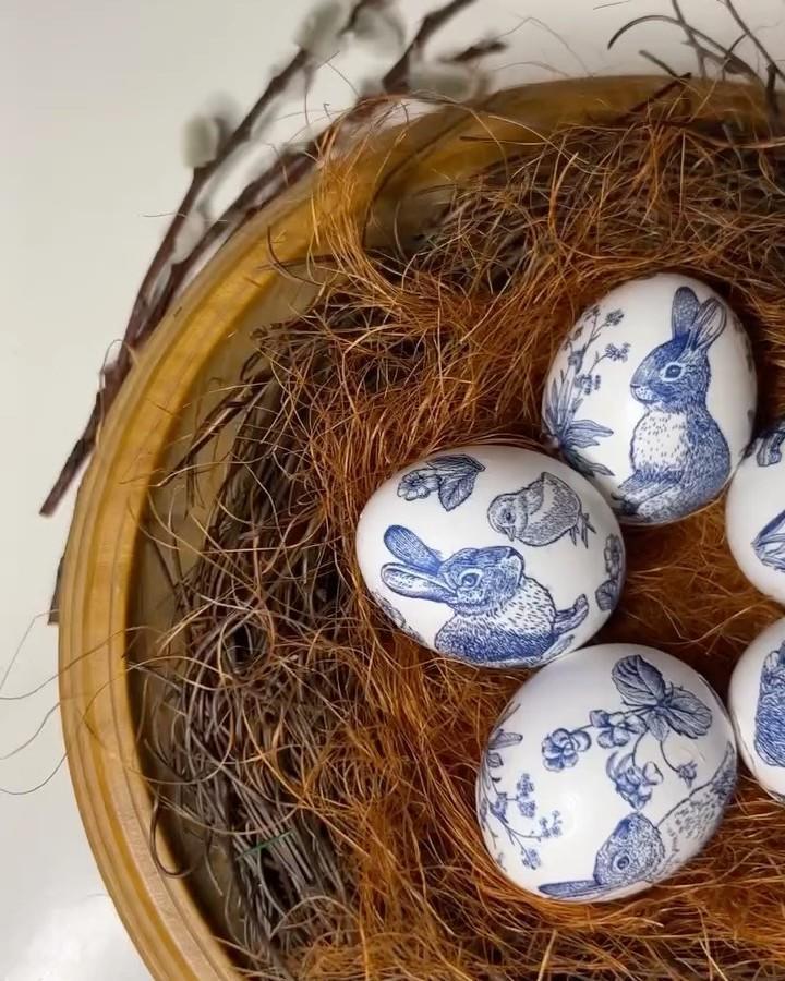 Blue and white decoupage eggs in a woven nest by @skripnik_katya perfect for easter craft night ideas.