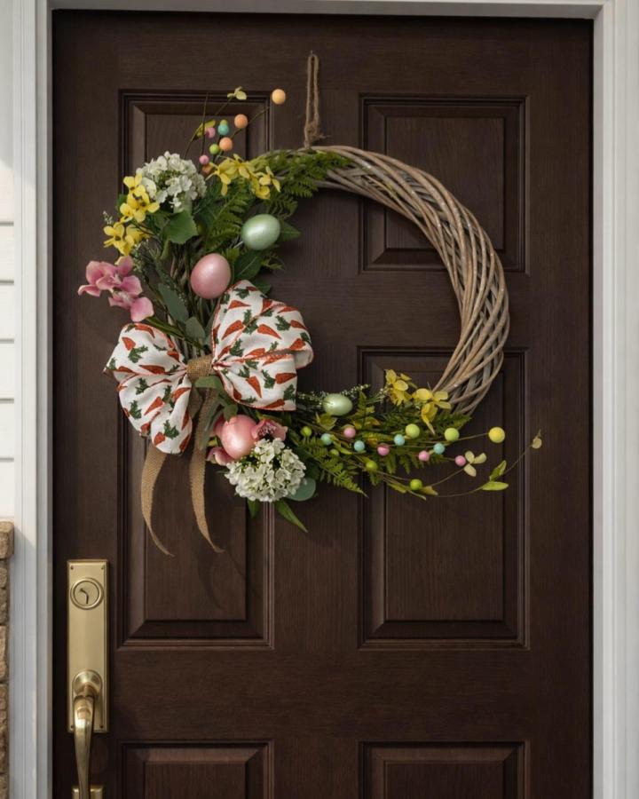 Natural twig wreath with pastel eggs and a carrot bow from @angelas_floral_creations brightens a dark wood door for easter wreath ideas.
