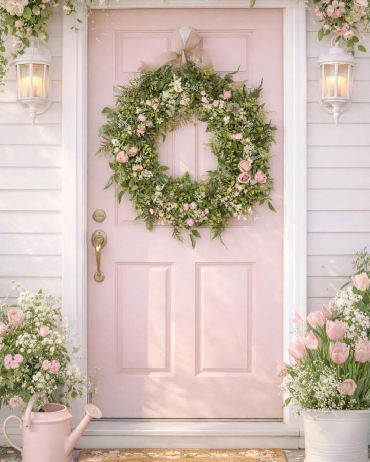 Soft pink and green floral wreath on pastel pink door from @jasmineandlilyfloralwreaths natural easter wreath ideas with delicate blooms