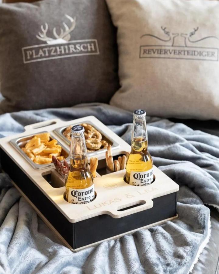 Light wooden and black metal BBQ caddy from DancingButterflyArts holding snacks and beers valentines gift ideas for him.