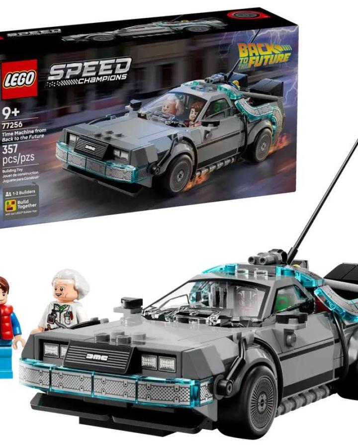 Grey and turquoise Lego DeLorean model with mini-figures inspired by Back to the Future from The Cocktail Box Co.. Valentines gift ideas for him.