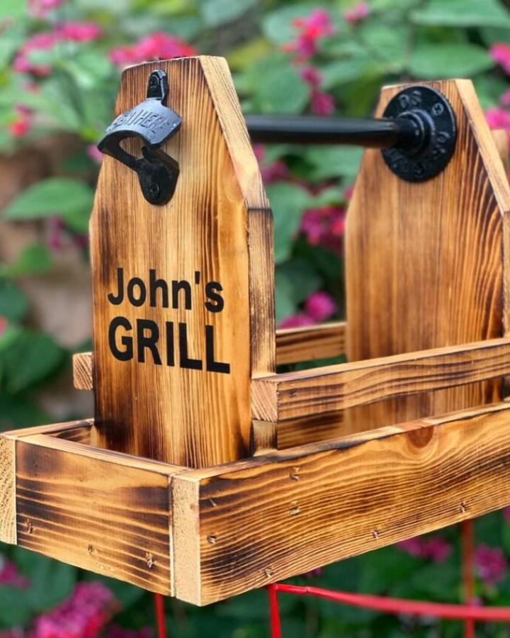 Burnt wood grill couch box with metal handle and bottle opener from InexteriorShop. Unique valentines gift ideas for him.