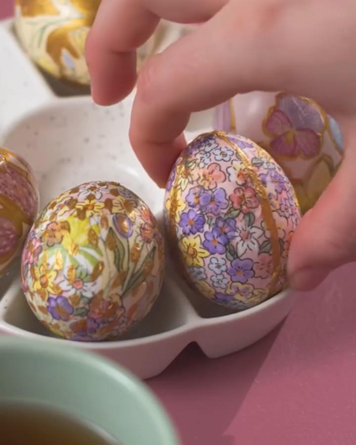 Pastel floral eggs with gold trim from @sostrenegrene showing intricate easter egg decorating ideas for adults.