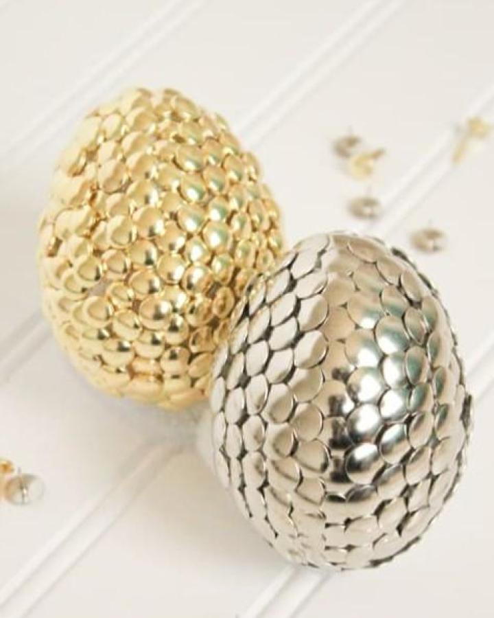 gold and silver sequin decorated Easter eggs from The 36th Avenue shiny and textured craft idea for easter egg decorating ideas for adults