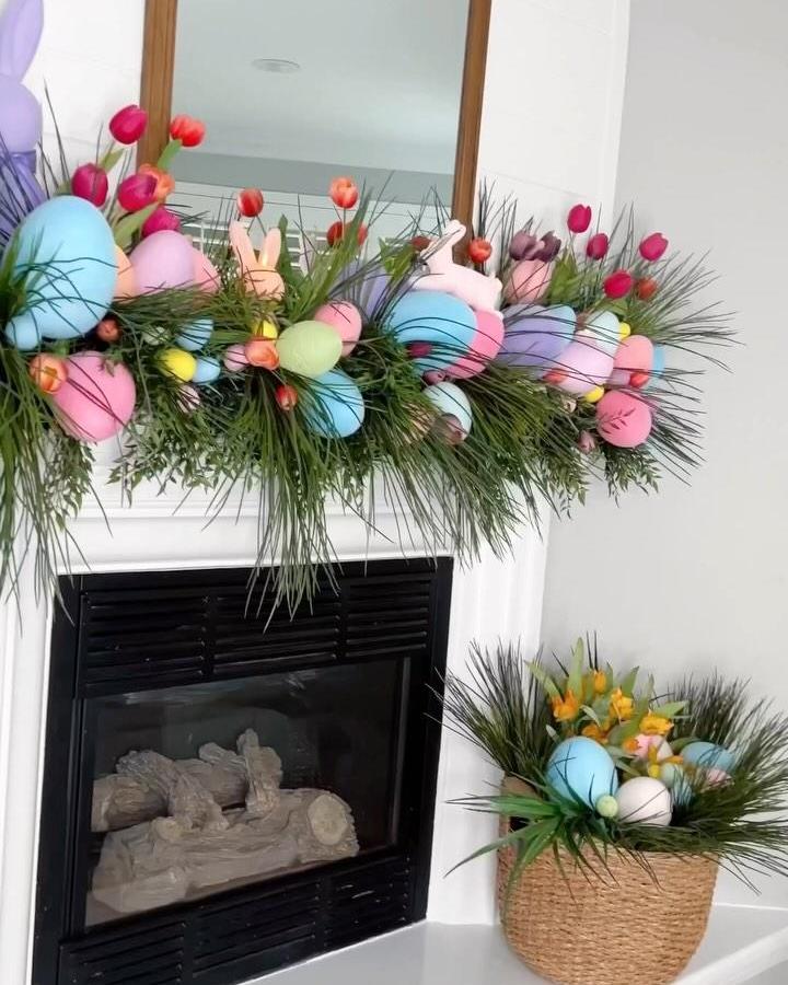 Bright pastel Easter eggs and bunny figures in greenery on mantel from @jeannaloveschristma Easter mantel decor ideas with tulips and pine needles