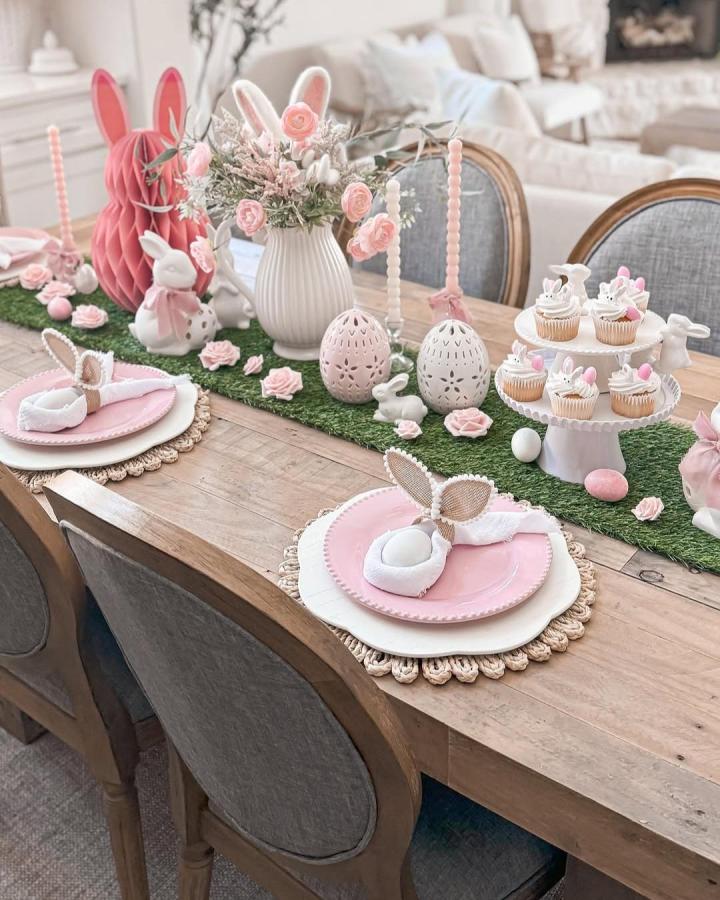 Pink and white bunny-themed Easter place setting ideas with natural textures and pastel accents from @thedecor411 on rustic wooden table.
