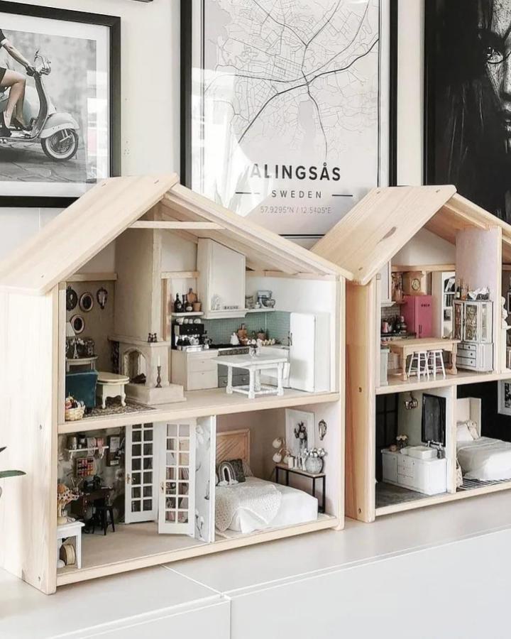 natural pine wood miniature dollhouses from @dearjosieminiatures bright kitchen and bedroom settings ikea flisat dollhouse hacks & ideas