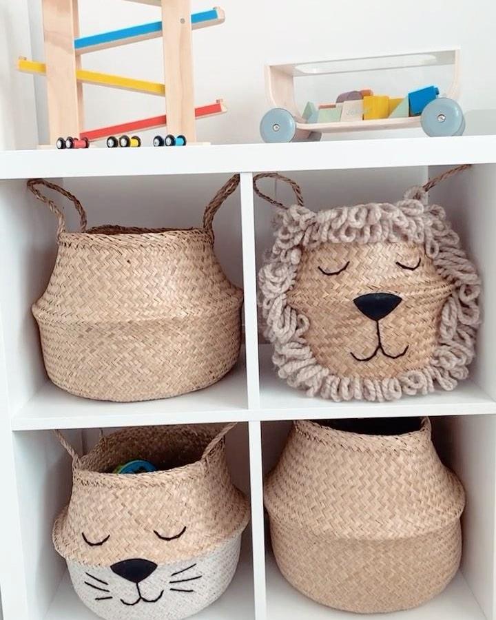 woven lion seagrass basket toy cubby from @home.at.number.10. Cute Kallax storage with a handmade jungle feel