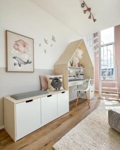 light birch plywood and white drawer nordli furniture in children’s room by @live.like.archi with storage and play desk nook