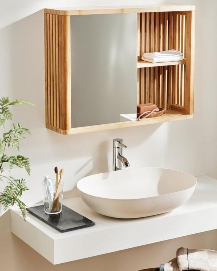 Natural wood slatted bathroom mirror cabinet from John Lewis & Partner with built-in shelves for bathroom mirror ideas for small spaces