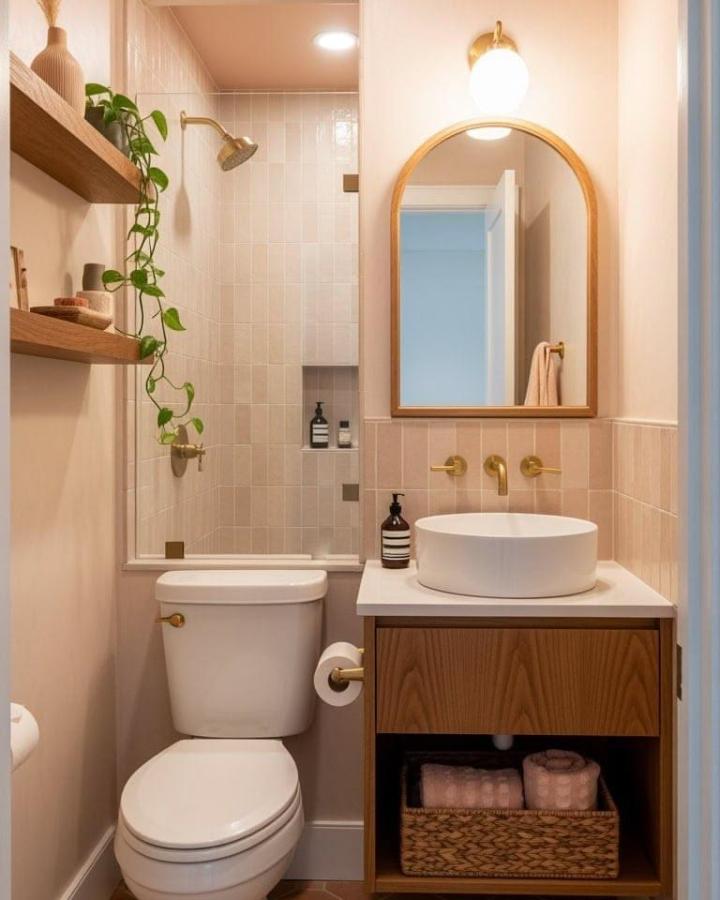 Arched wood framed bathroom mirror ideas for small spaces from Apartment ABC with gold fixtures and warm tones.