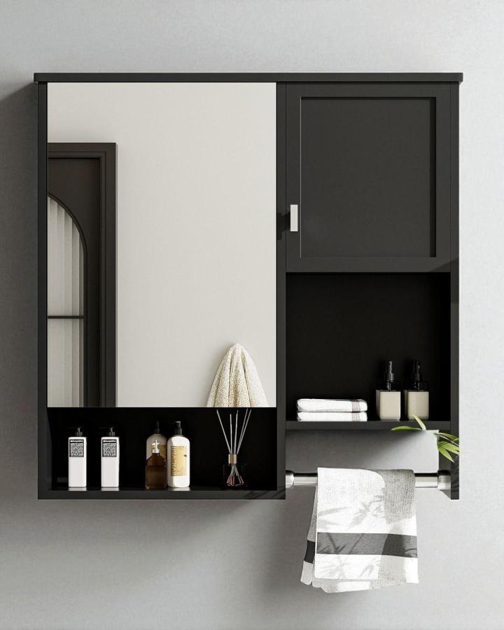 Black matte storage cabinet with mirrored door and towel bar from Bed Bath and Beyond bathroom mirror ideas for small spaces