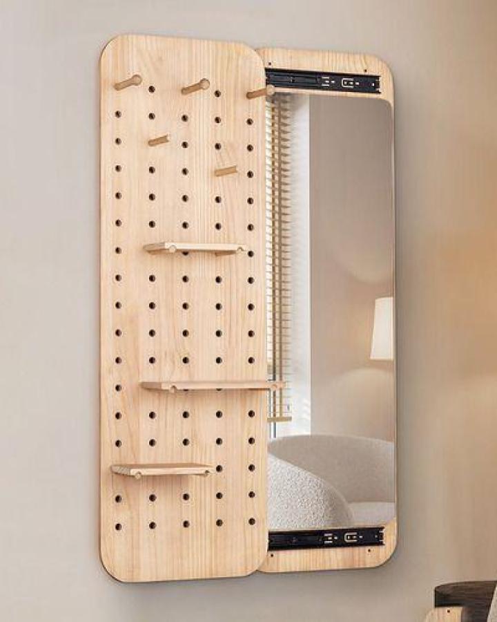 natural wood pegboard wall-mounted bathroom mirror from Big W with customizable shelves and pegs for small space bathroom mirror ideas for small spaces