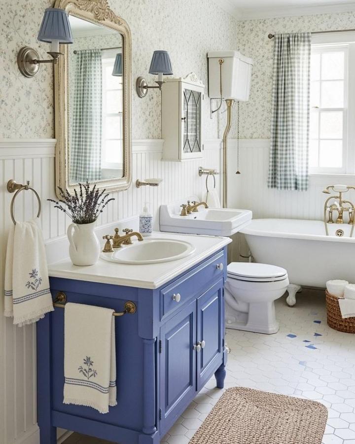 Blue painted vanity bathroom from Apartment ABC. Vintage style with brass fixtures and cozy details in blue bathroom decor ideas.