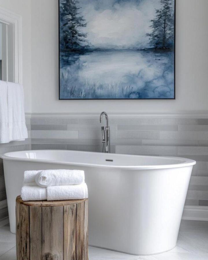 Cornflower Blue wall art above modern bathtub from Mighty Paint with natural wood stool and neutral tiles for blue bathroom decor ideas.